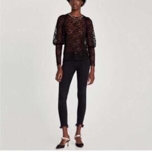 Zara Black Lace Shirt with Faux Pearls Size Small